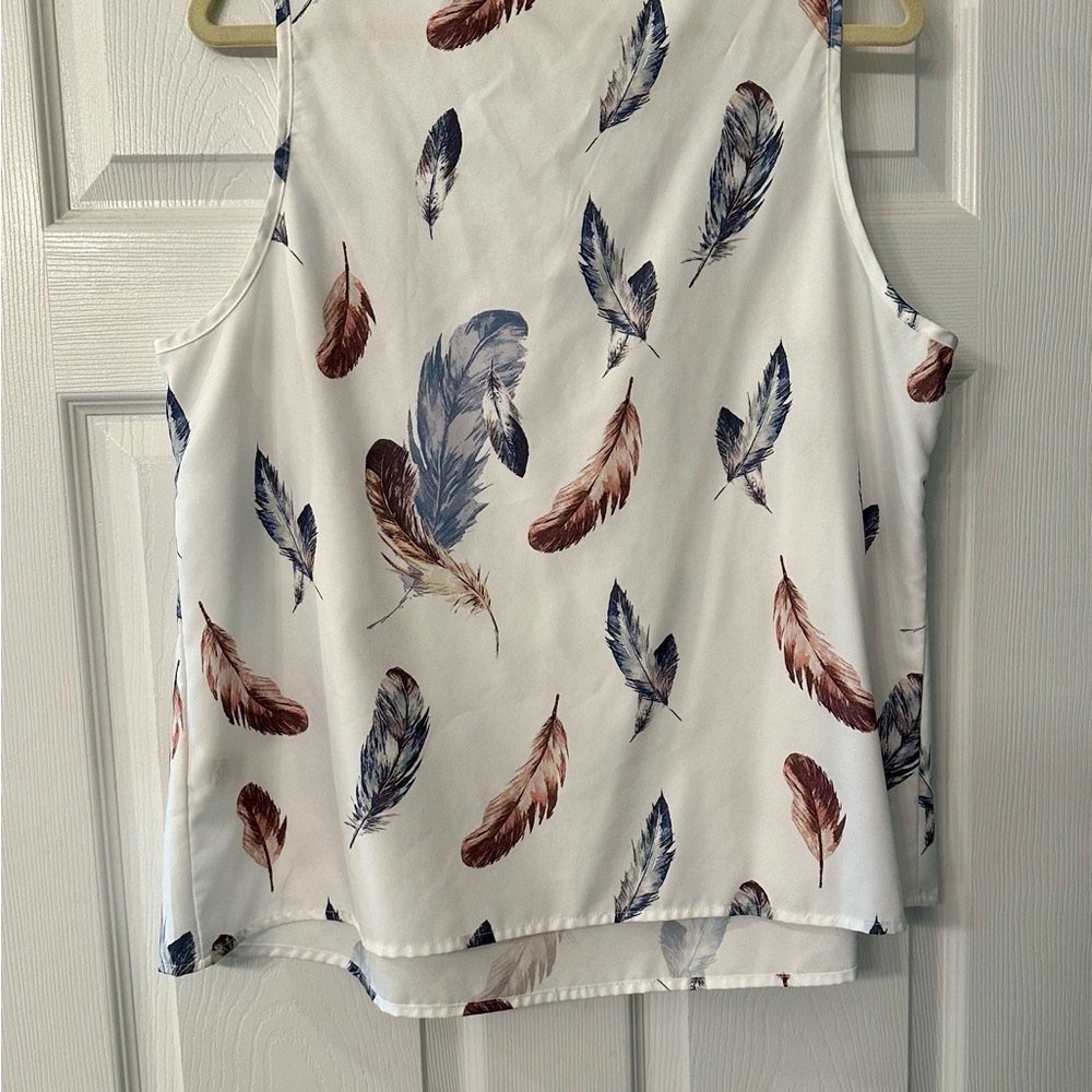 EMORY ROSE 1XL Ivory Brown Blue Feather Feathers Print Blouse - Picture 4 of 8